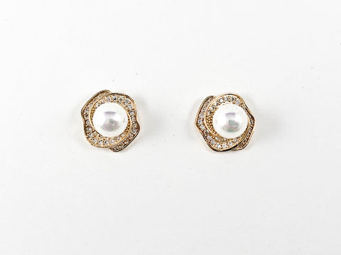 Classic Floral Background With Center Pearl CZ Gold Tone Brass Earrings