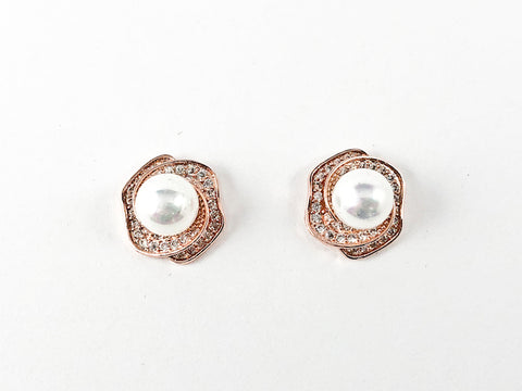 Classic Floral Background With Center Pearl CZ Brass Earrings