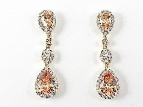 Classic Multi Pear Shape Orange CZ Dangle Brass Earrings