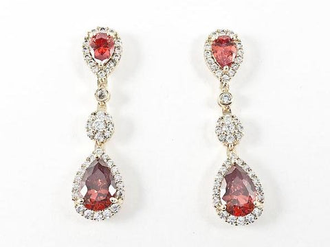 Classic Multi Pear Shape Ruby CZ Dangle Brass Earrings