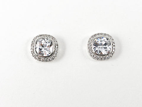 Classic Unique Rounded Square Shape CZ Stud Brass Earrings