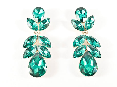 Fancy Elegant Mix Shape Green Color Crystals Floral Drop Gold Tone Brass Earrings