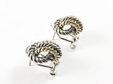 Modern Knot & Wired Textured 2 Tone Design Omega Clip Brass Earrings