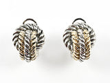 Modern Knot & Wired Textured 2 Tone Design Omega Clip Brass Earrings