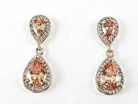Classic Fine Pear Shape Orange Color CZ Dangle Gold Tone Brass Earrings