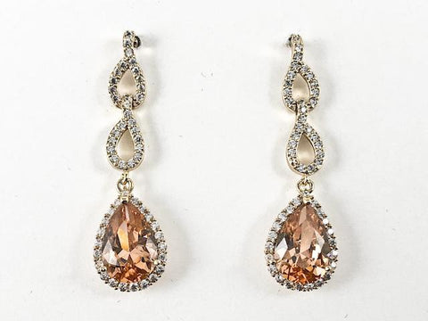 Classic Elegant Pear Shape Pattern Dangle Statement Citrine CZ Gold Tone Brass Earrings