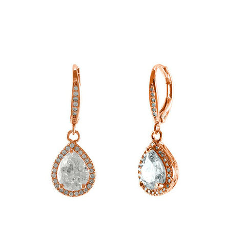 Classic Tear Drop CZ Leverback Clasp Pink Gold Tone Brass Earrings