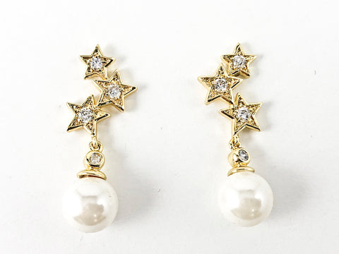 Cute Nice 3 Star Curve Pearl Dangle Gold Tone Brass Earrings