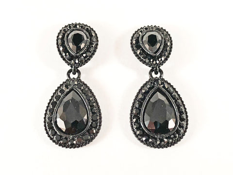 Fancy Elegant Dark 2 Row Pear Shape Black Color Crystals Fashion Earrings