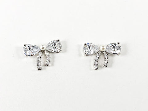 Cute Dainty Bow With Micro Pearl Design Brass Earrings