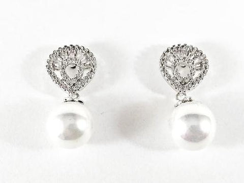 Beautiful Pear Shape Micro Setting CZ With Pearl Dangle Brass Earrings
