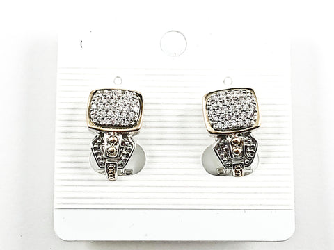 Modern 2 Tone Textured Rectangular Shape Pave Setting CZ French Clip Style Brass Earrings