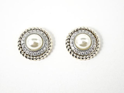 Beautiful Round Textured CZ With Center Pearl Two Tone Brass Earrings