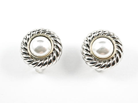 Modern Textured Round Frame With Center Pearl Omega Clip Brass Earrings