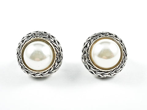 Modern Round Textured Frame With Center Pearl Omega Clip Brass Earrings