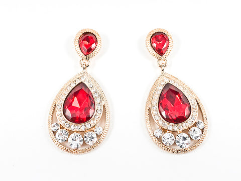 Classic Pear Shape Dangle Ruby Color Crystal Design Gold Tone Fashion Earrings