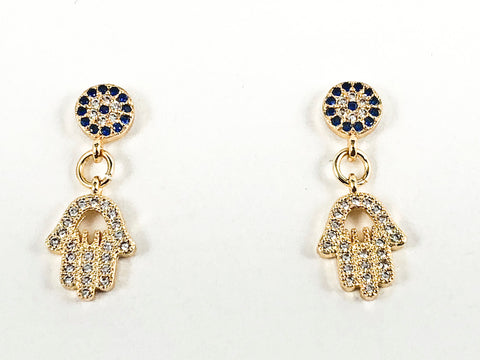 Elegant Dainty Eye & Dangle Hamsa Hand CZ Design Gold Tone Brass Earrings