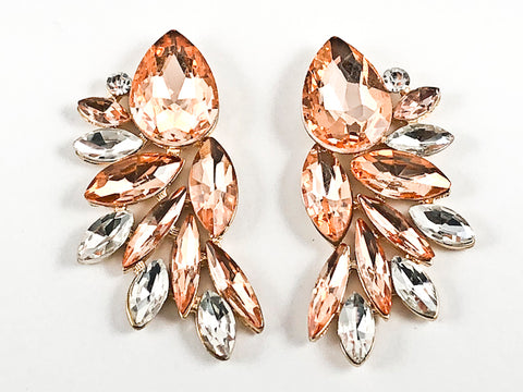 Fancy Floral Leaf Design Peach Color Crystals Gold Tone Fashion Earrings