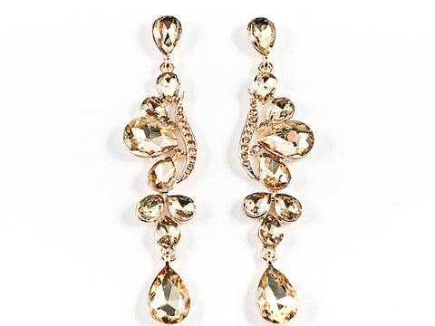 Fancy Elegant Long & Narrow Floral Pattern Style Topaz Crystals Gold Tone Dangle Fashion Earrings