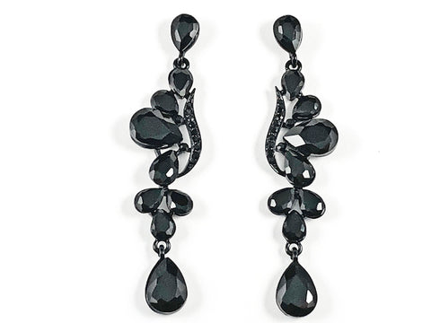 Fancy Elegant Long & Narrow Floral Pattern Style Black Crystals Dangle Fashion Earrings
