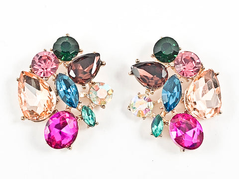 Fancy Beautiful Mix Shape Pattern Design Multi Color Crystal Gold Tone Fashion Earrings