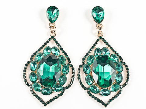 Fancy Elegant Antique Style Large Dangle Green Crystals Gold Tone Fashion Earrings