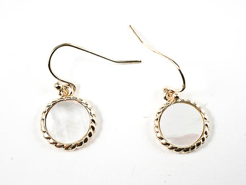 Elegant Simple Round Shape Center Mother Of Pearl Dangle Gold Tone Fish Hook Brass Earrings