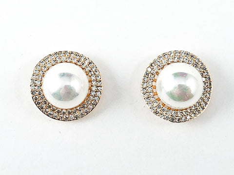 Beautiful Round Micro CZ Frame With Center Pearl Gold Tone Brass Earrings