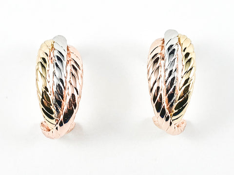 Beautiful Tri Color Crossover Style Design Textured Brass Earrings
