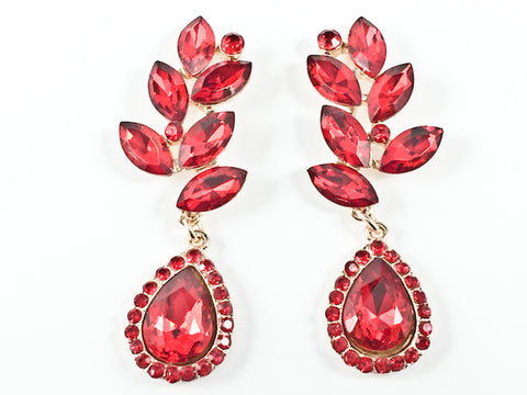 Fancy Unique Floral Pattern Dangle Red Crystal Gold Tone Fashion Earrings