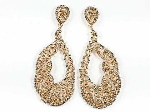 Fancy Long Oval Shape Unique Open Pattern Design Topaz Crystals Gold Tone Fashion Earrings