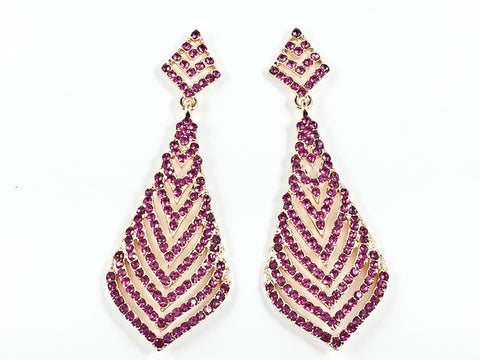 Fancy Layered Triangular  Design Pattern Fuchsia Crystal Gold Tone Dangle Fashion Earrings