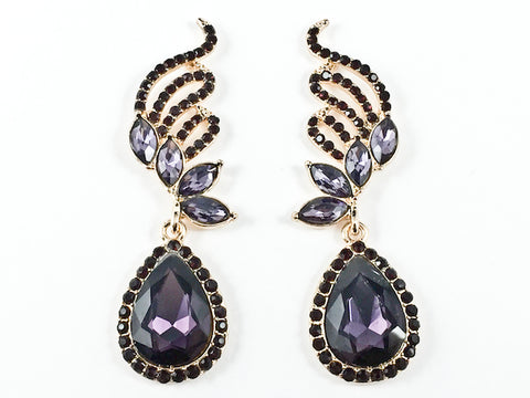Fancy Beautiful Floral Pattern Design Purple Crystals Gold Tone Fashion Earrings