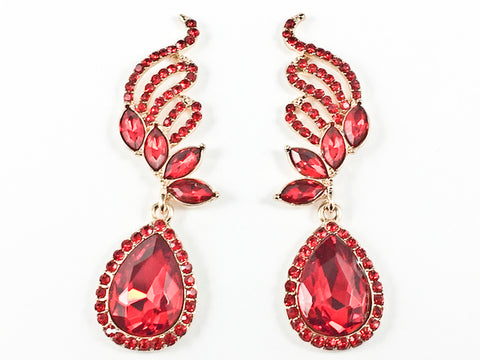 Fancy Beautiful Floral Pattern Design Red Crystals Gold Tone Fashion Earrings
