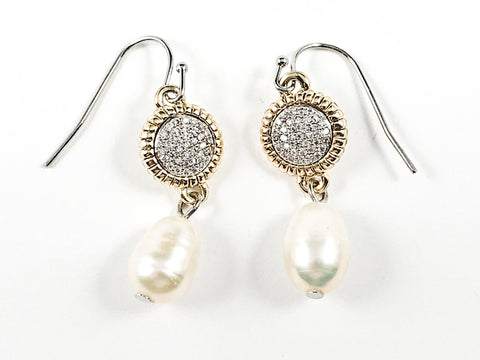 Beautiful Round Pave With Gold Tone Frame & Pearl Dangle Fish Hook Brass Earrings