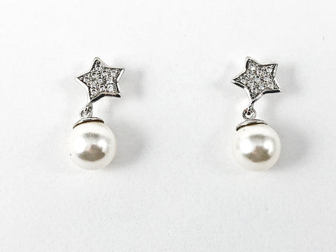 Nice Dainty CZ Star & Pearl Drop Brass Earrings