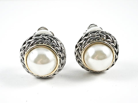 MODERN ROUND TEXTURED FRAME WITH CENTER PEARL CLIP ON BRASS EARRINGS
