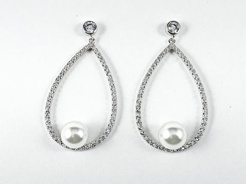 Classic Large Open Pear Shape With Bottom Pearl Dangle CZ Brass Earrings