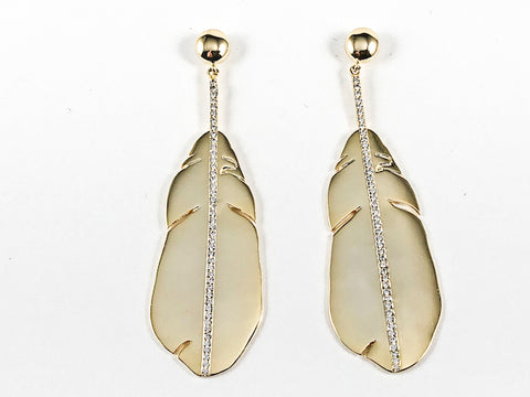 Elegant Shiny Metallic Realistic Long Leaf Dangle Design Gold Tone Brass Earrings
