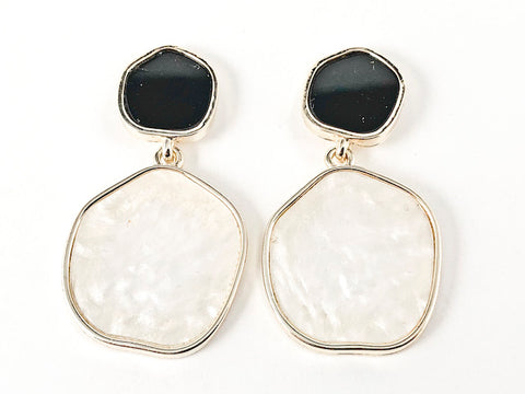 Beautiful Irregular Shape Black Onyx & Mother Of Pearl Dangle Gold Tone Brass Earrings