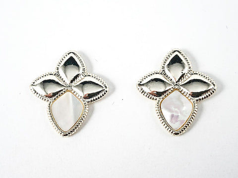 Beautiful Diamond Flower Shape Shiny Metallic & Mother Of Pearl Design Gold Tone Brass Earrings