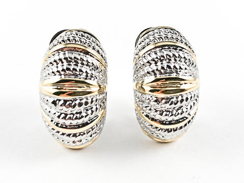 Modern Unique Curved Textured Two Tone Brass Clip On Earrings
