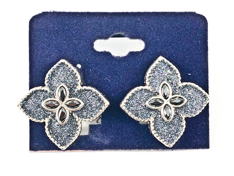 Beautiful Flower Shape Form Dark Silver Glitter Style Gold Tone Brass Earrings