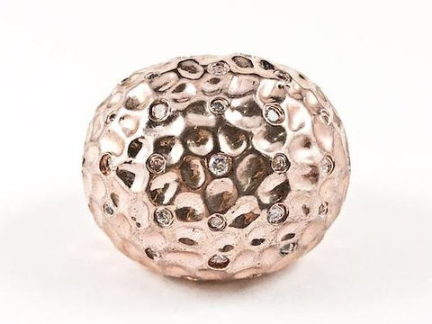 Nice Hammered Style Dome Shape With Crystals Design Pink Gold Tone Brass Ring