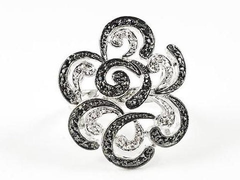 Unique Swirl & Curve Open Black & White CZ Brass Ring