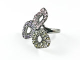 Elegant Unique Tri Rounded Floral Design Dark Colorful CZ Brass Ring