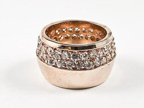 Fine Elegant Half Micro CZ Half Metallic Pink Gold Tone Eternity Band Brass Ring
