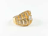 Vintage Unique Shape Open Design Center CZ Gold Tone Brass Ring