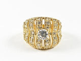 Vintage Unique Shape Open Design Center CZ Gold Tone Brass Ring
