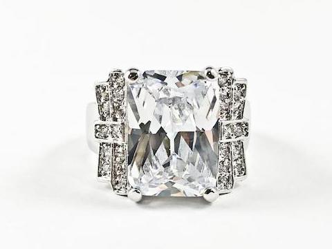 Beautiful Center Rectangle Cut CZ With Layered Design Style Brass Ring